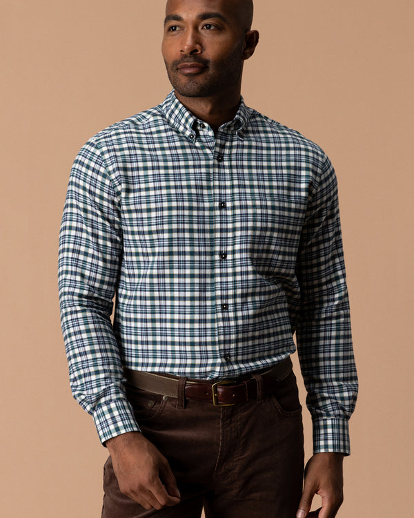 Cotton Flannel Sport Shirt - Radcliffe Plaid - Windblown Sky