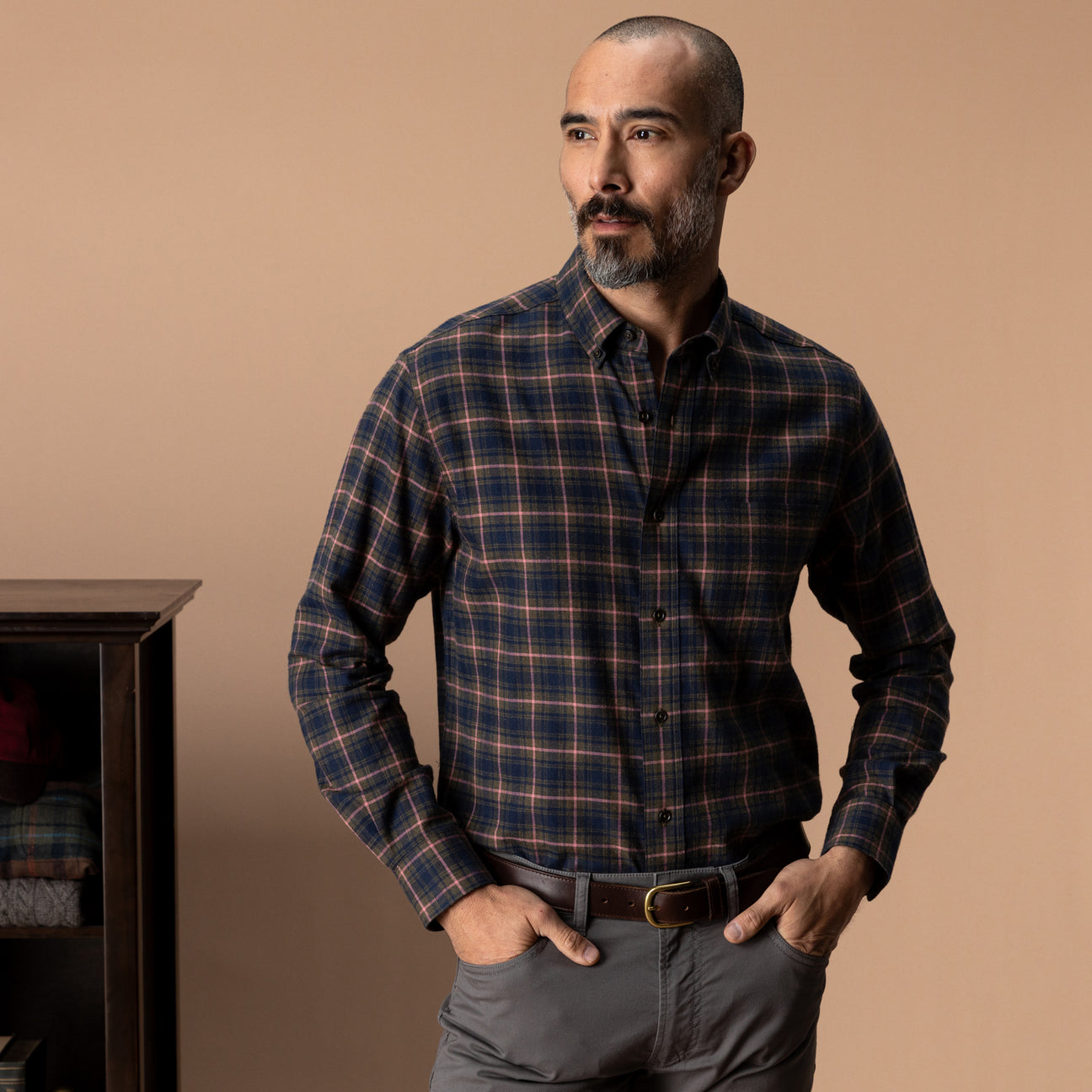 Cotton Flannel Sport Shirt - Drayden Plaid - Dark Olive Heather
