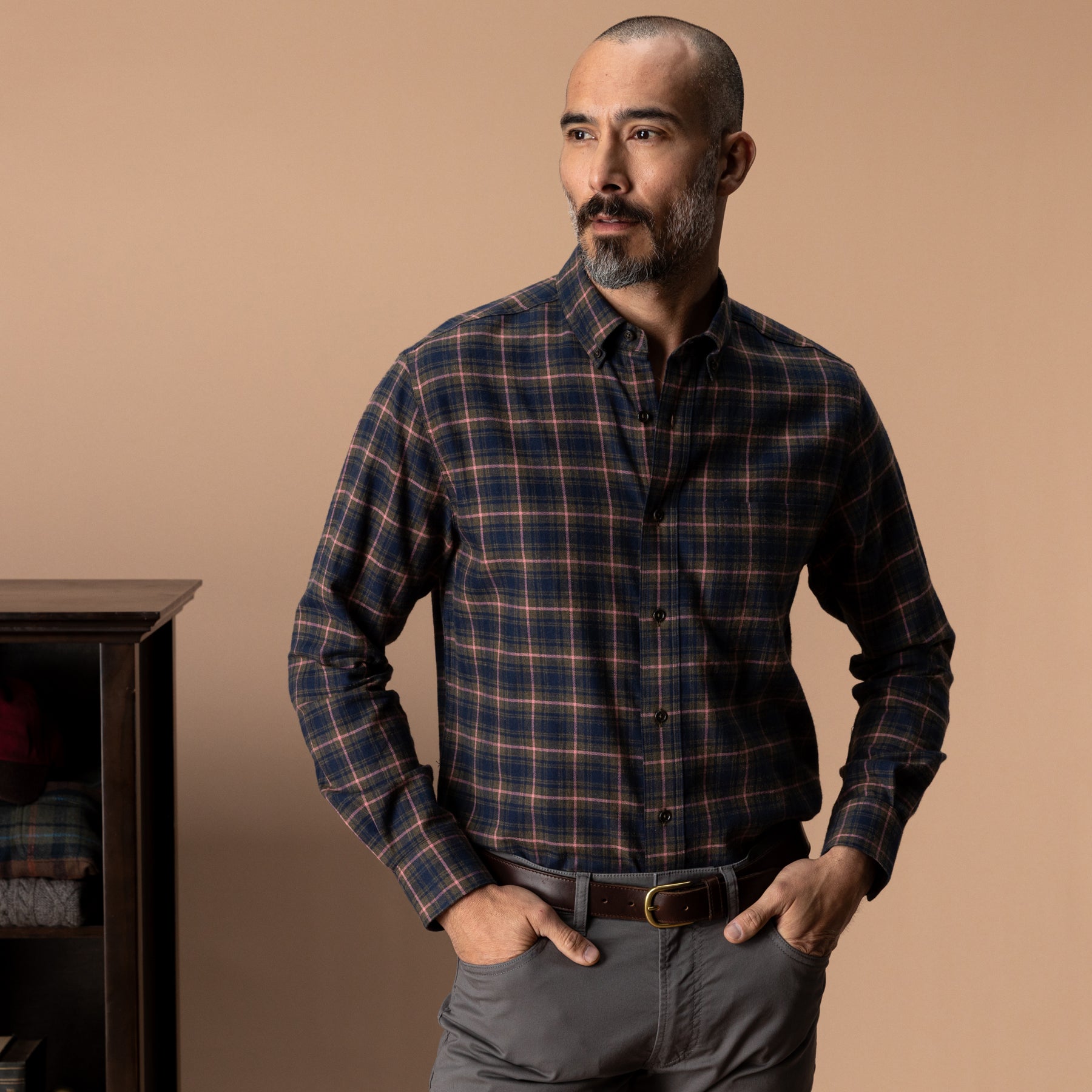 Cotton Flannel Sport Shirt - Drayden Plaid - Dark Olive Heather