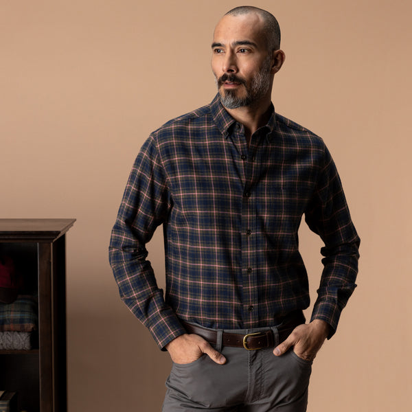 Cotton Flannel Sport Shirt - Drayden Plaid - Dark Olive Heather