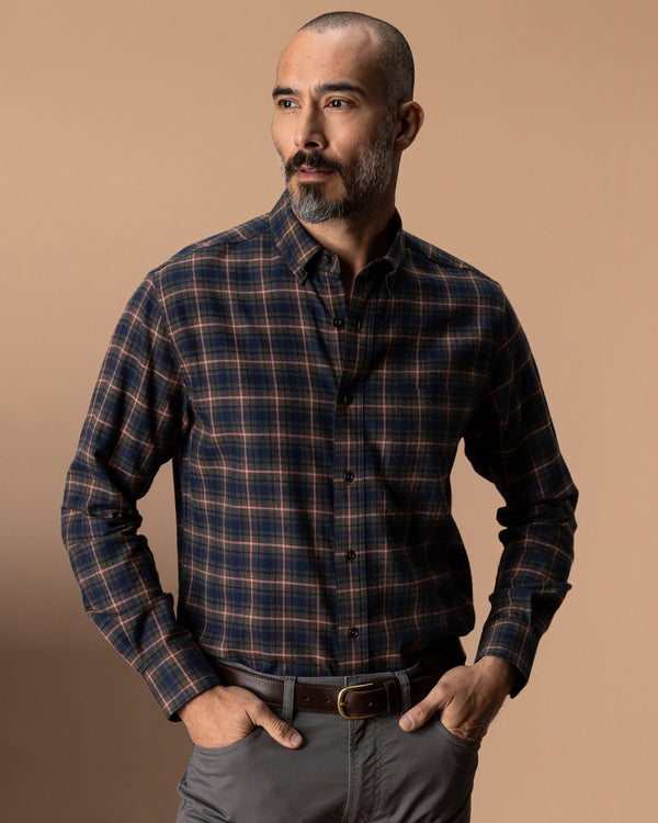Cotton Flannel Sport Shirt - Drayden Plaid - Dark Olive Heather