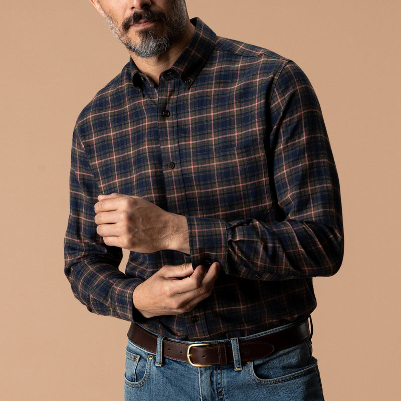 Cotton Flannel Sport Shirt - Drayden Plaid - Dark Olive Heather