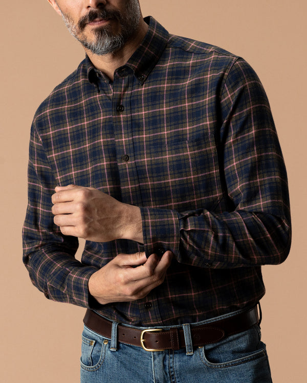Cotton Flannel Sport Shirt - Drayden Plaid - Dark Olive Heather