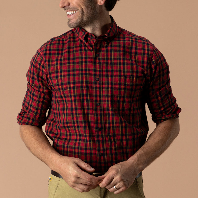 Cotton Slub Sport Shirt - Yates Plaid - Pomegranate