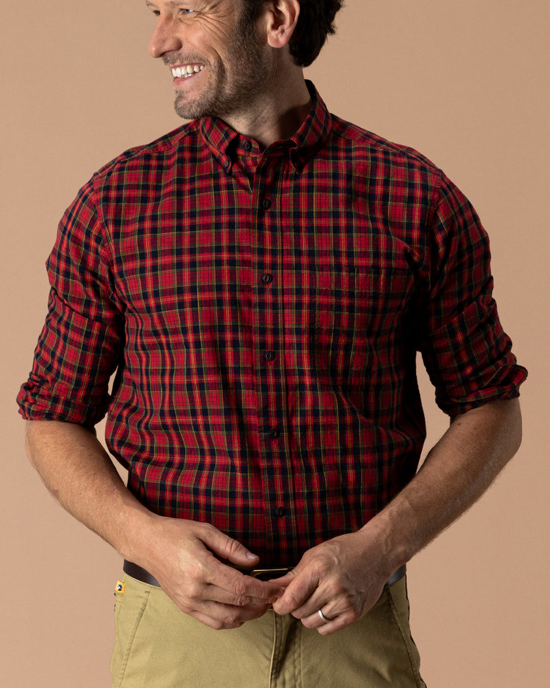 Cotton Slub Sport Shirt - Yates Plaid - Pomegranate
