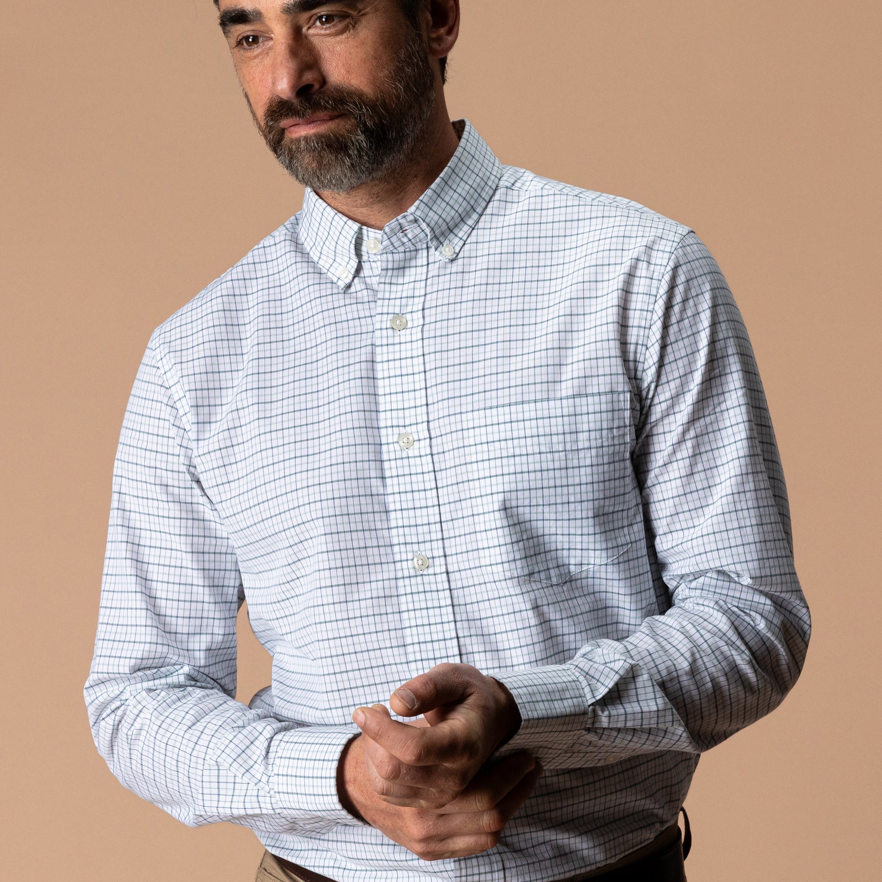 Cotton Cashmere Poplin Sport Shirt - Tolliver Plaid - Spruce Mist