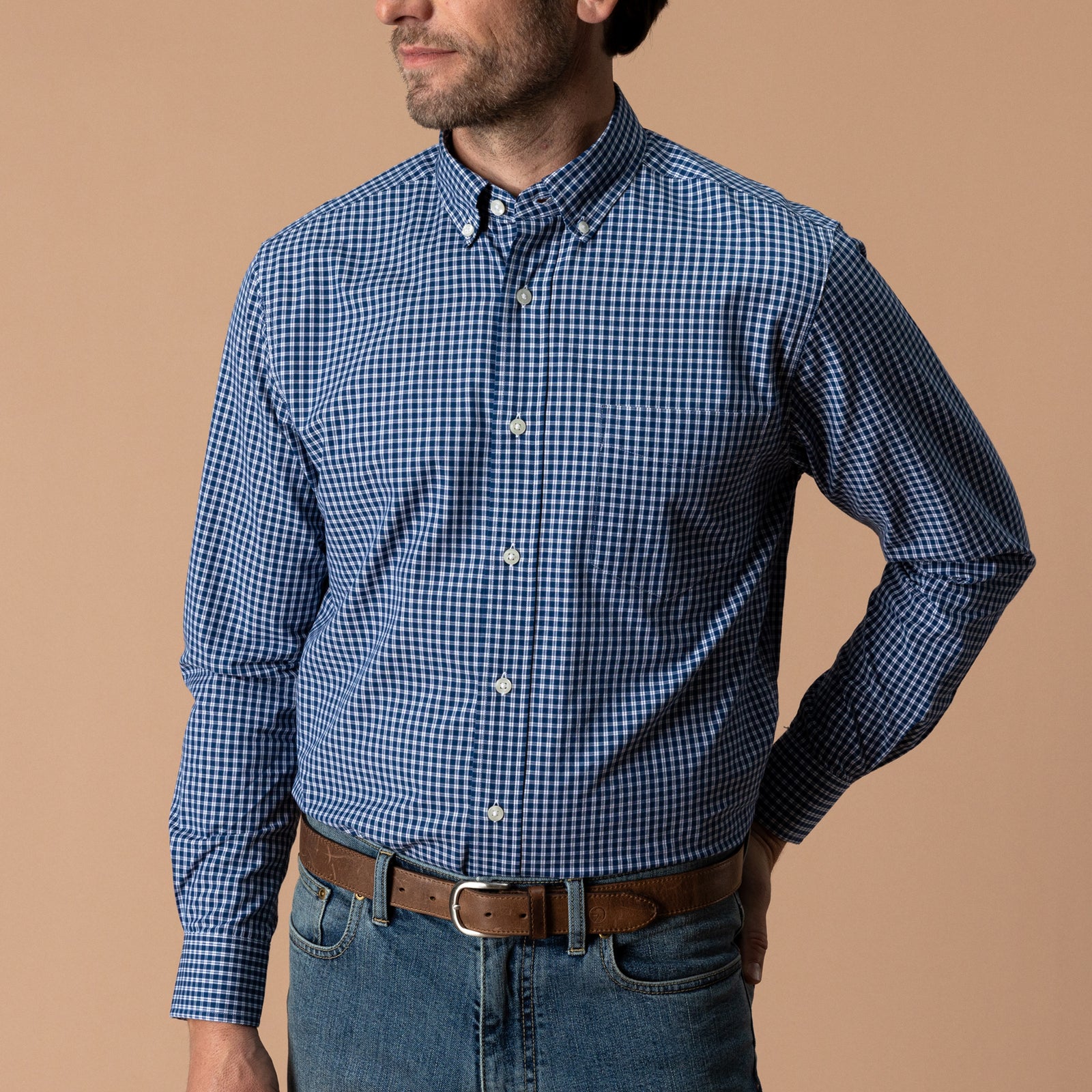 Cotton Cashmere Poplin Sport Shirt - Bridger Plaid - Navy Peony