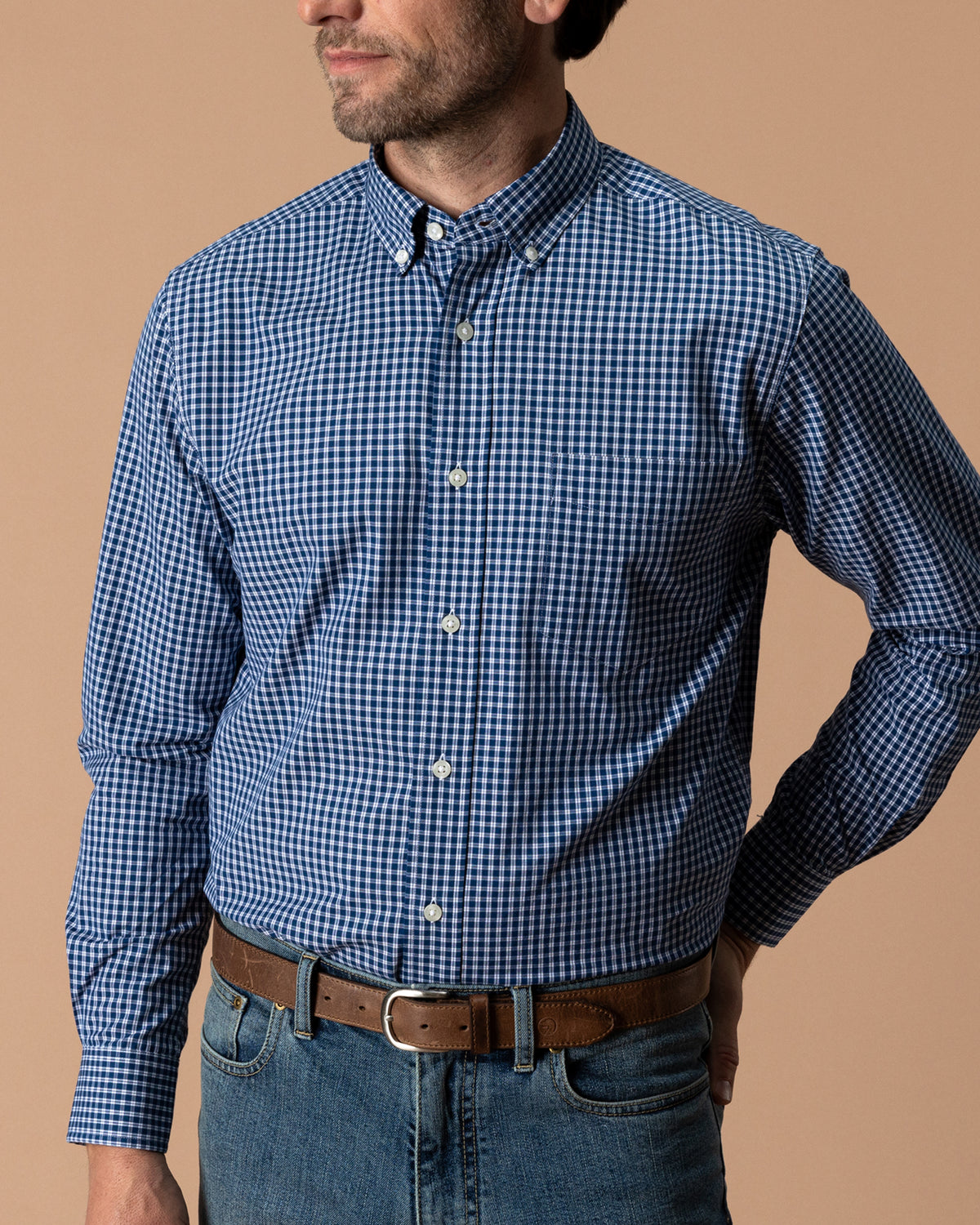 Cotton Cashmere Poplin Sport Shirt - Bridger Plaid - Navy Peony