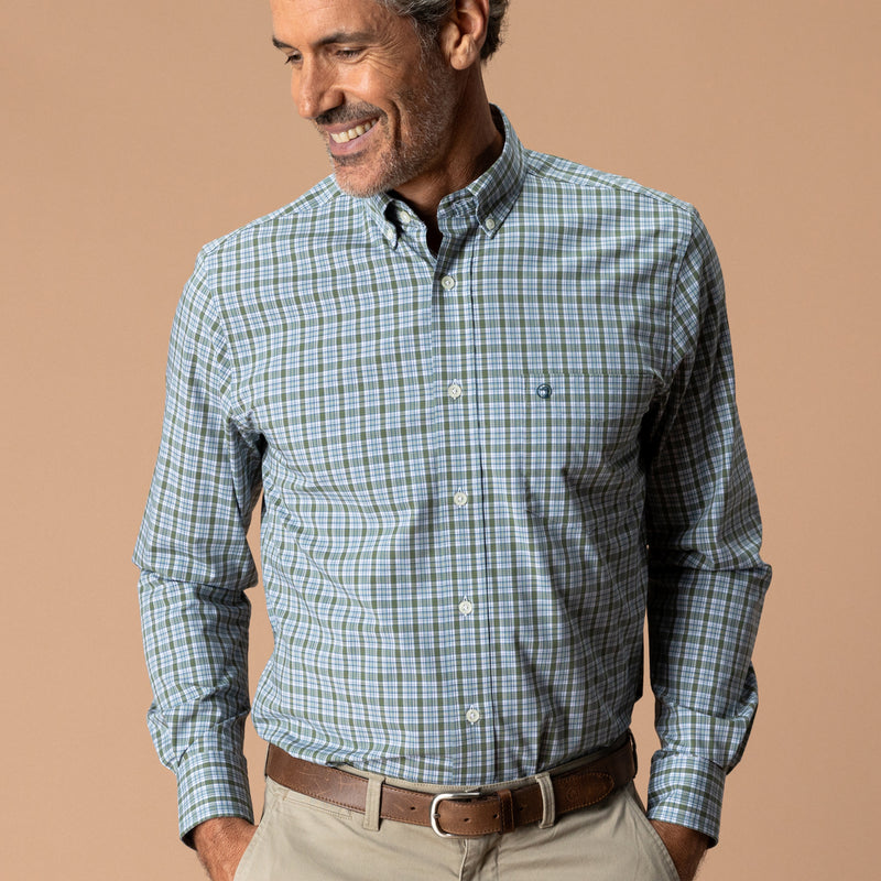 Performance Poplin Sport Shirt - Denton Plaid - Mossy Bark