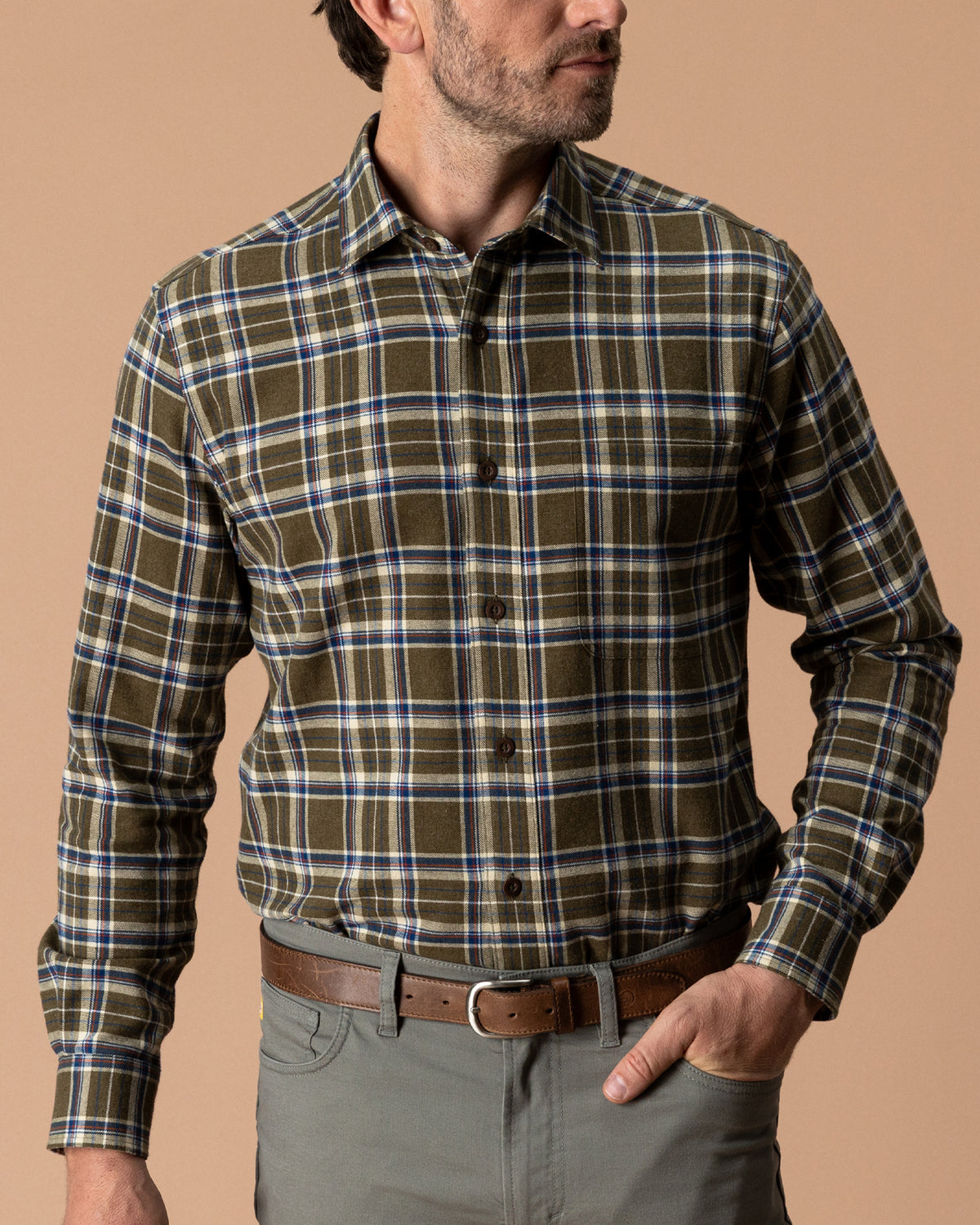 Cotton Flannel Sport Shirt - Iverson Plaid - Dark Olive