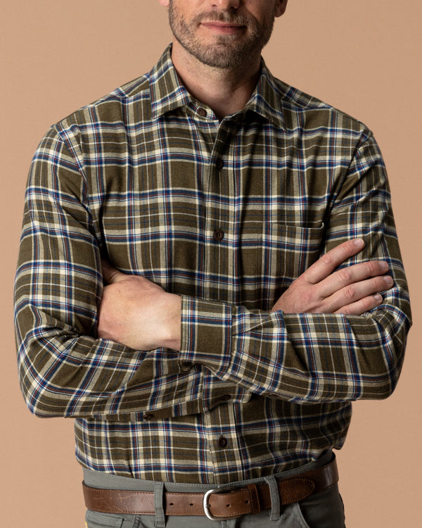 Cotton Flannel Sport Shirt - Iverson Plaid - Dark Olive