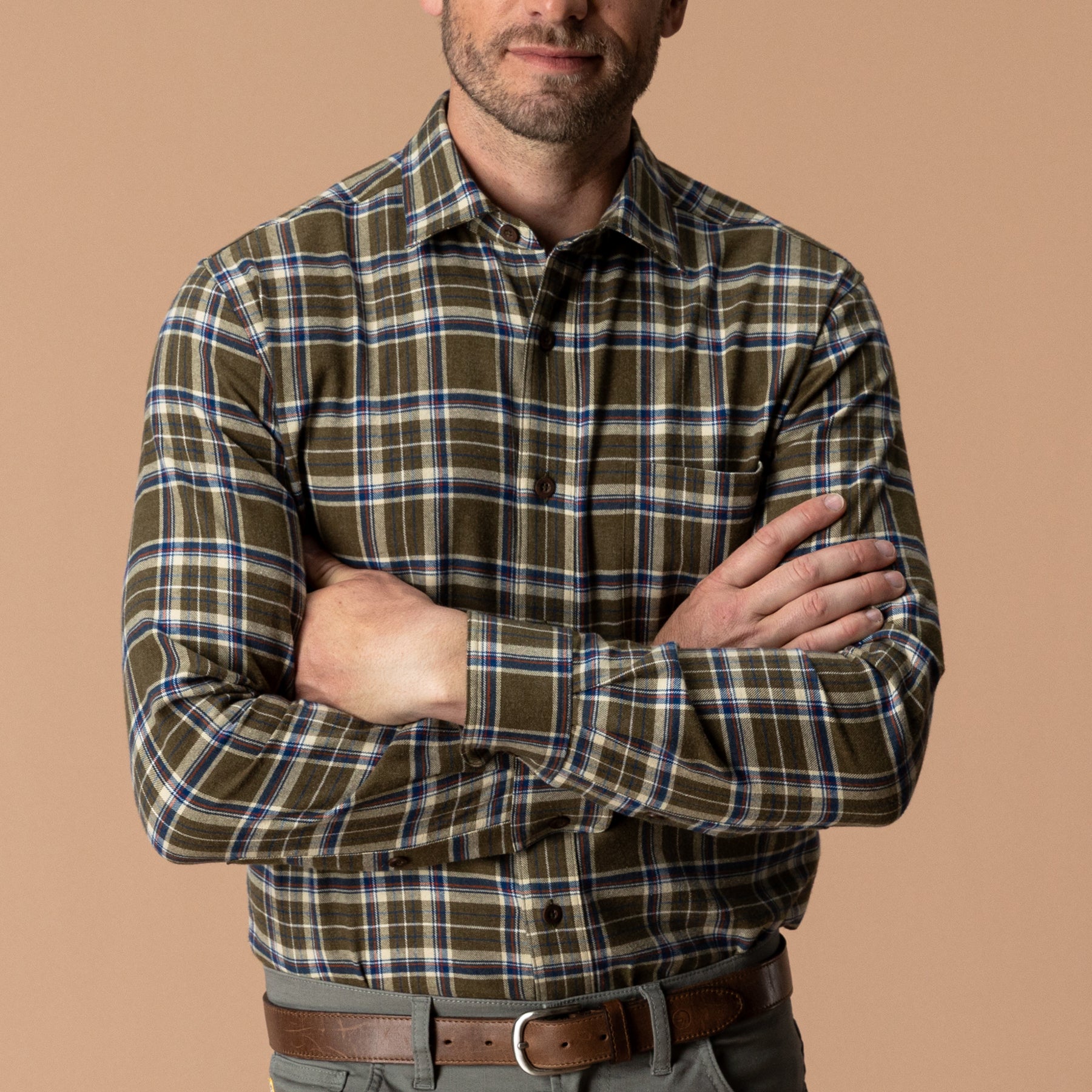 Cotton Flannel Sport Shirt - Iverson Plaid - Dark Olive
