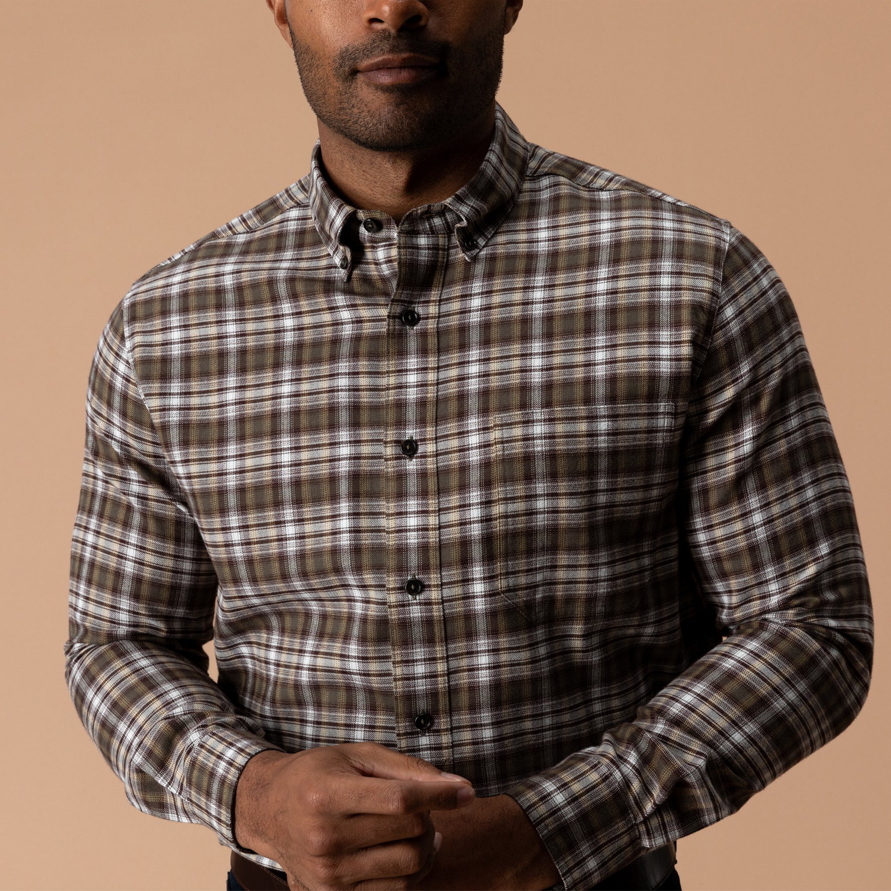Cotton Flannel Sport Shirt - Merin Plaid - Crocodile Brown
