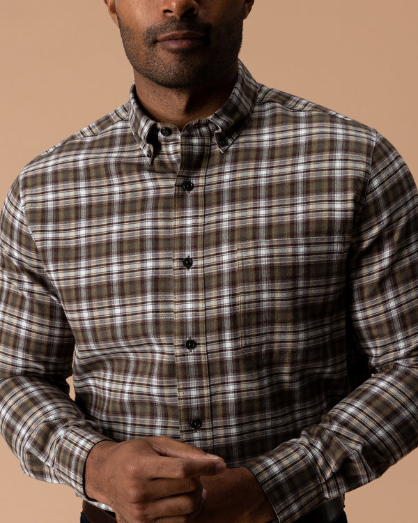 Cotton Flannel Sport Shirt - Merin Plaid - Crocodile Brown