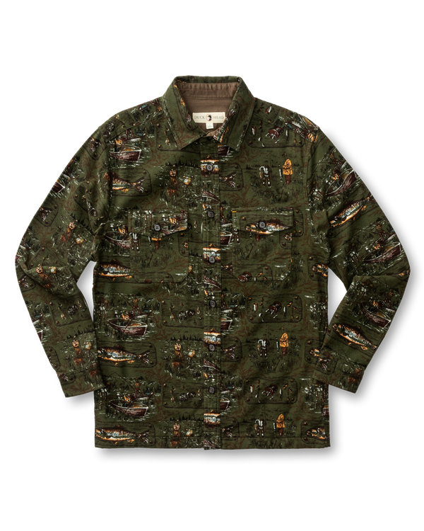Slater Moleskin Overshirt - Fisherman Print - Dark Forest Green