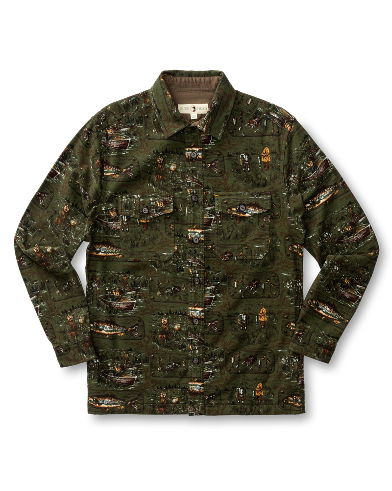 Slater Moleskin Overshirt - Fisherman Print - Dark Forest Green