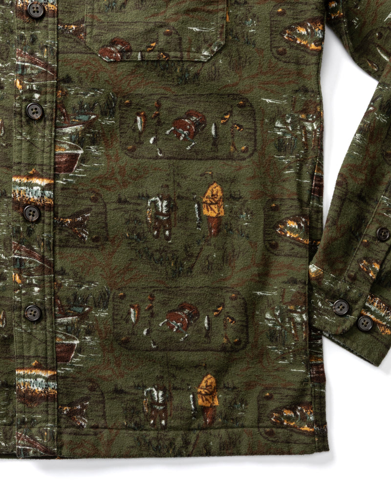 Slater Moleskin Overshirt - Fisherman Print - Dark Forest Green