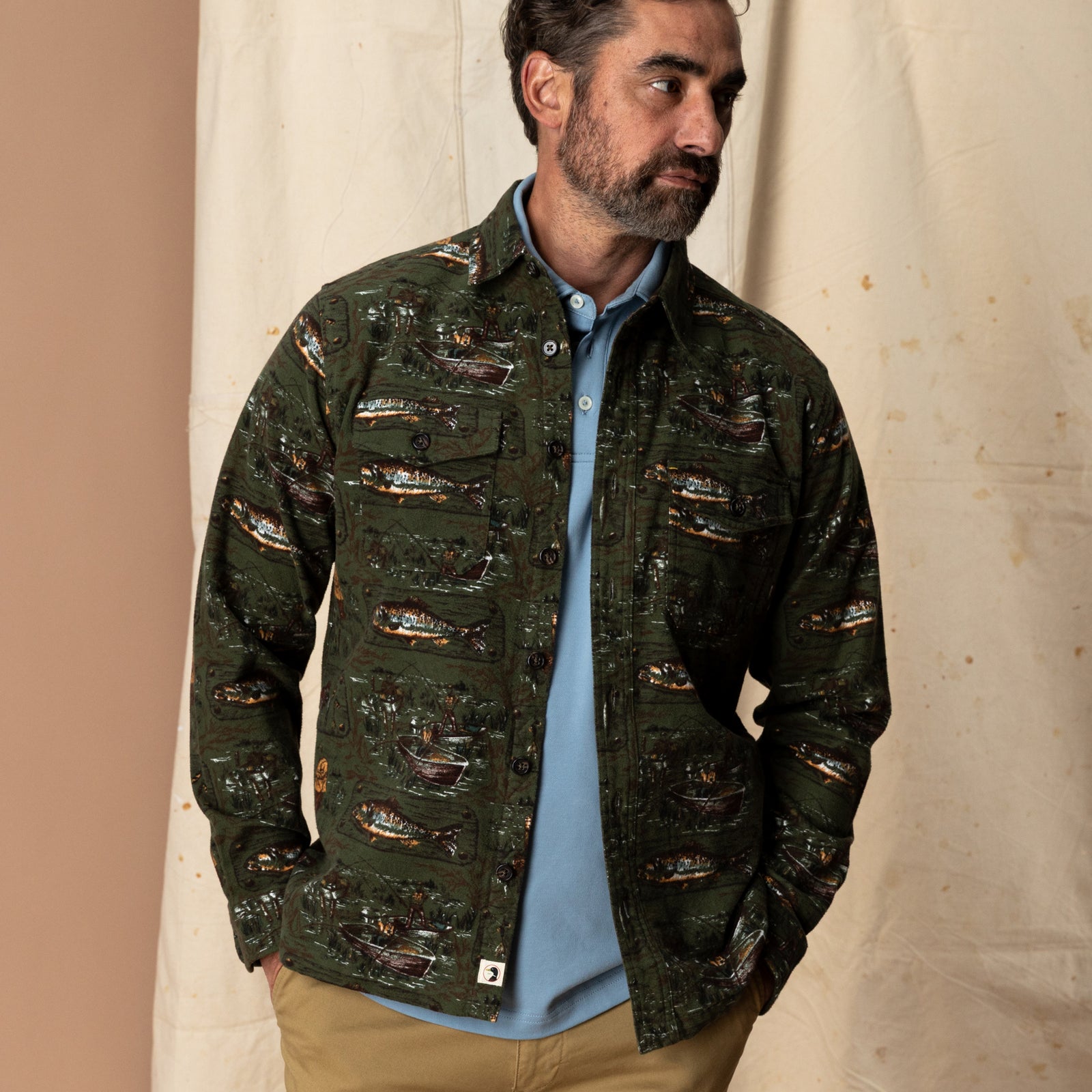 Slater Moleskin Overshirt - Fisherman Print - Dark Forest Green