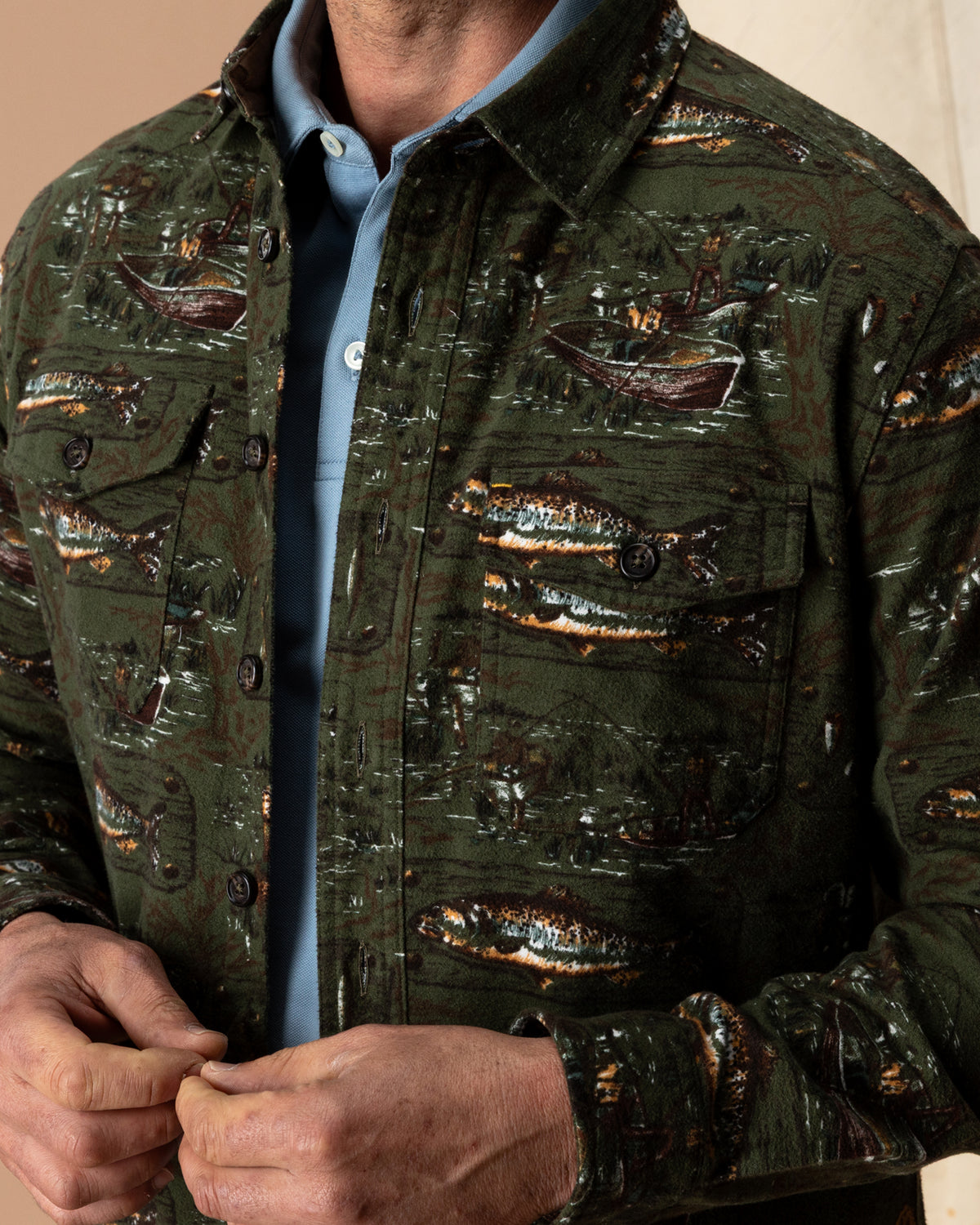 Slater Moleskin Overshirt - Fisherman Print - Dark Forest Green