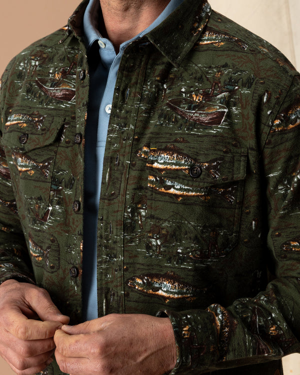 Slater Moleskin Overshirt - Fisherman Print - Dark Forest Green