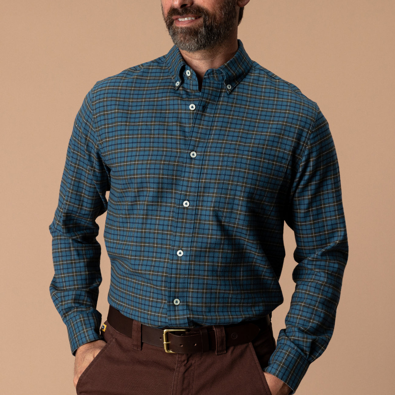 Cotton Flannel Sport Shirt - Wexler Plaid - Stormy Teal