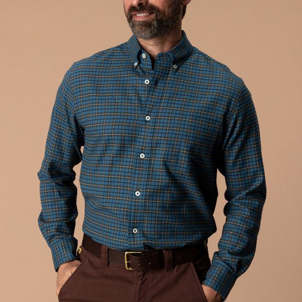Cotton Flannel Sport Shirt - Wexler Plaid - Stormy Teal