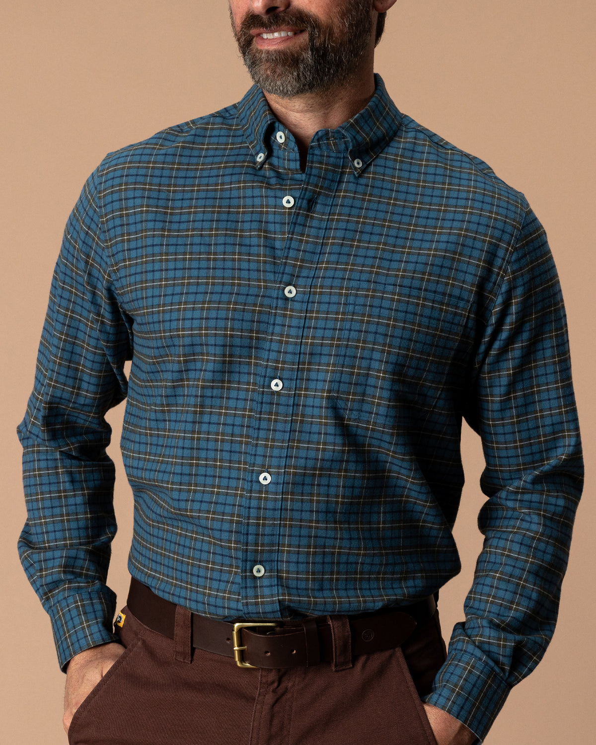 Cotton Flannel Sport Shirt - Wexler Plaid - Stormy Teal