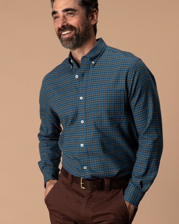 Cotton Flannel Sport Shirt - Wexler Plaid - Stormy Teal