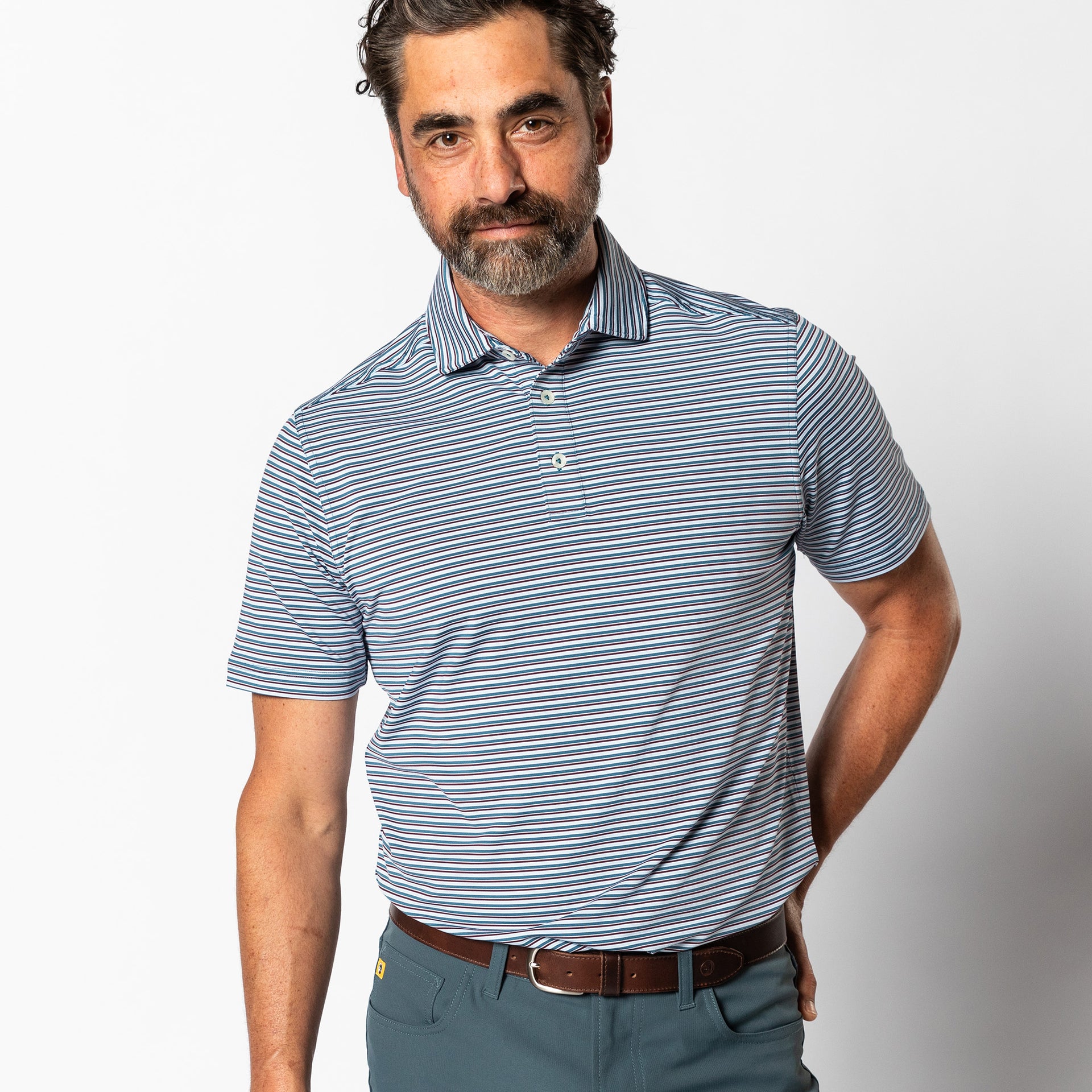 Long Drive Performance Polo - Barker Stripe - Teal Blue