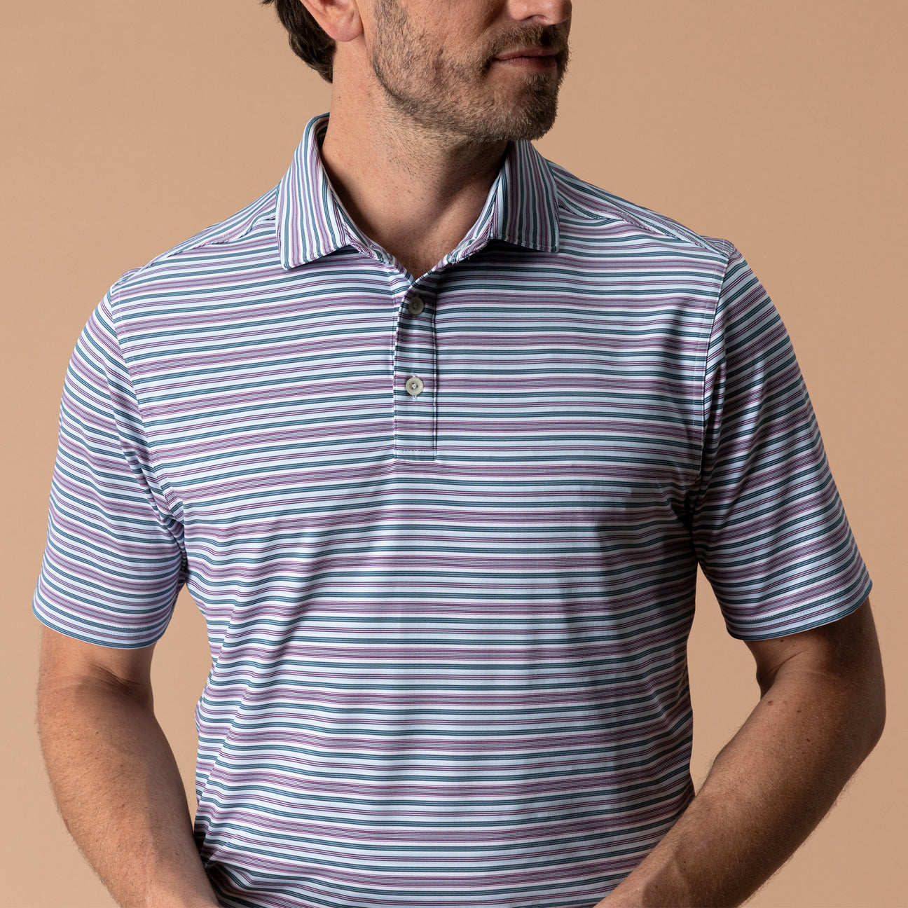 Long Drive Performance Polo - Caro Stripe - Aubergine