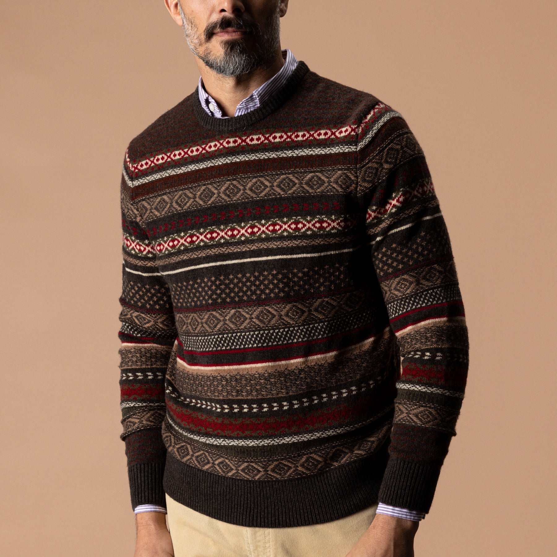 Birch Fair Isle Merino Crewneck Sweater - Espresso Brown Heather