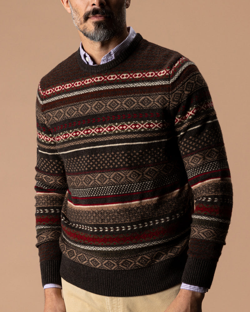 Birch Fair Isle Merino Crewneck Sweater - Espresso Brown