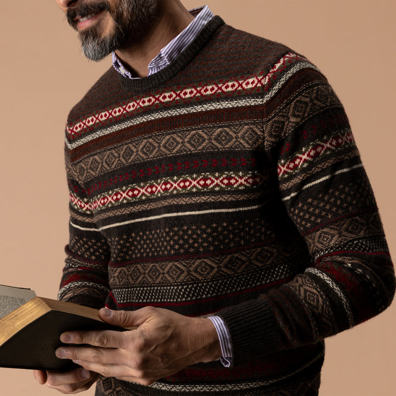 Birch Fair Isle Merino Crewneck Sweater - Espresso Brown Heather