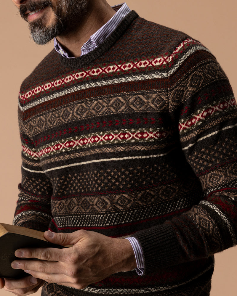 Birch Fair Isle Merino Crewneck Sweater - Espresso Brown