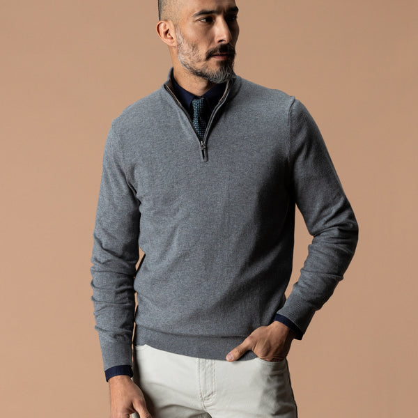 Ridley Cotton Cashmere 1/4 Zip Sweater - Monument Gray Heather