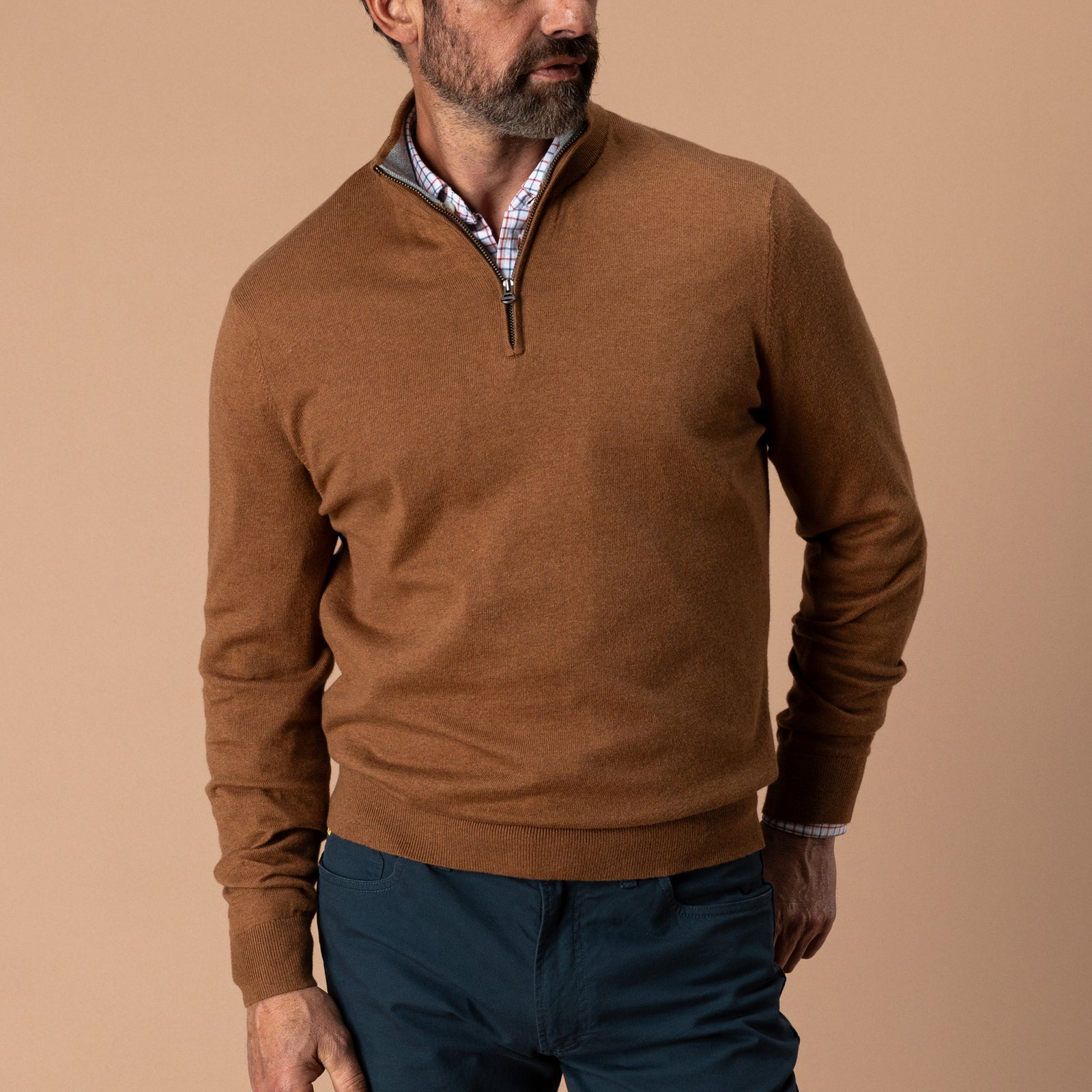 Ridley Cotton Cashmere 1/4 Zip Sweater - Dark Amber Heather