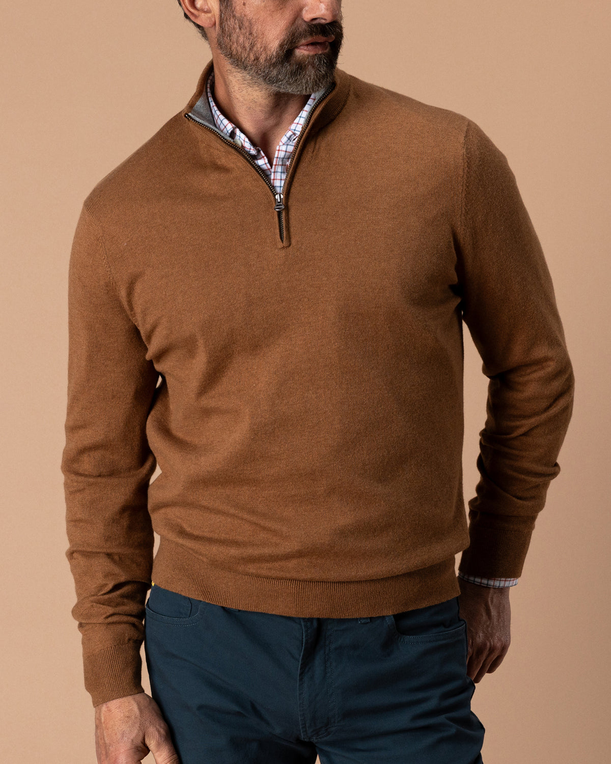 Ridley Cotton Cashmere 1/4 Zip Sweater - Dark Amber Heather