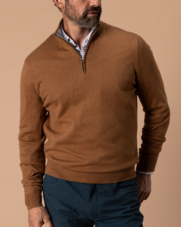 Ridley Cotton Cashmere 1/4 Zip Sweater - Dark Amber Heather