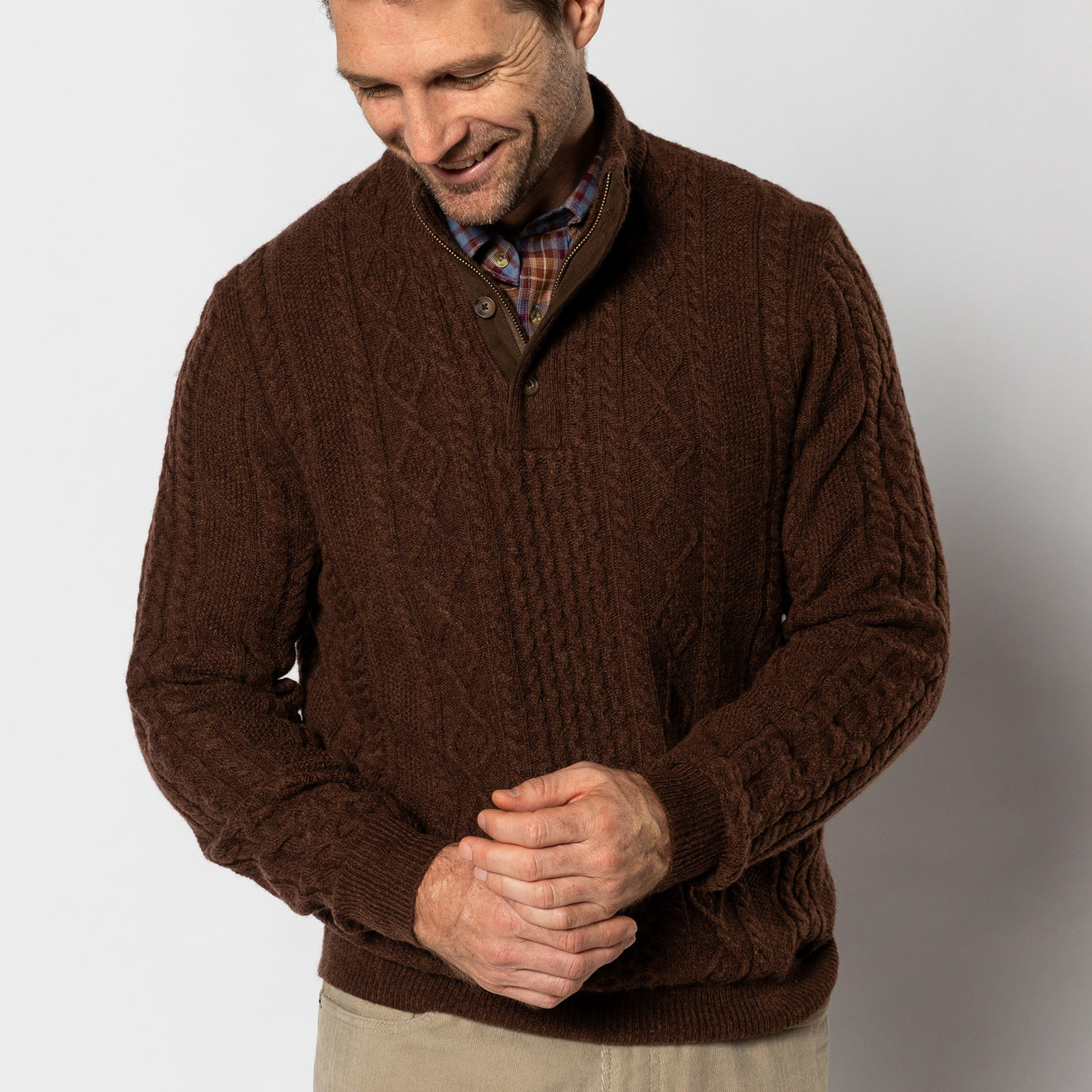 Haines 1/4 Zip Cable Knit Sweater - Dark Brown Heather