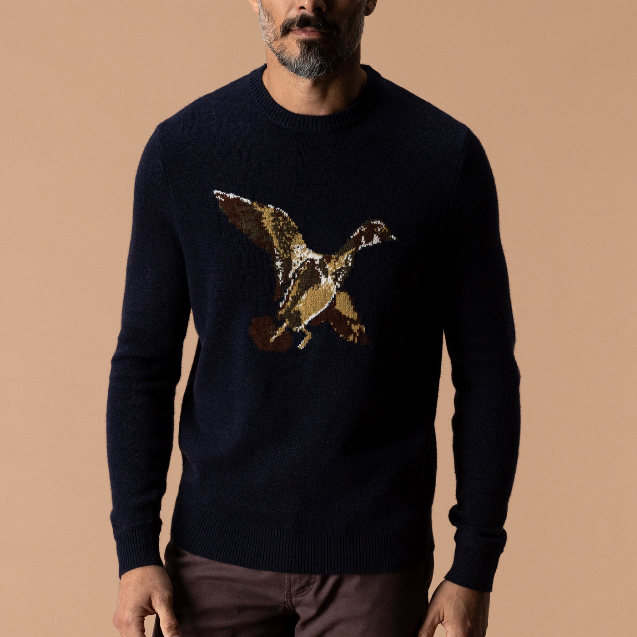 Flying Wood Duck Merino Intarsia Crewneck Sweater - Deep Navy Heather