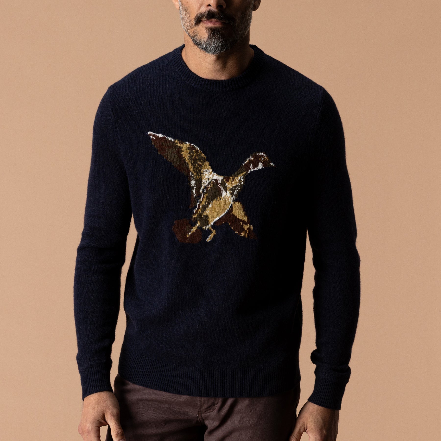 Flying Wood Duck Merino Intarsia Crewneck Sweater - Deep Navy Heather