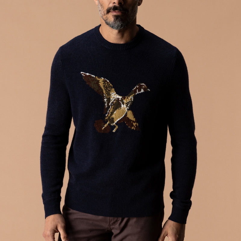 Flying Wood Duck Merino Intarsia Crewneck Sweater - Deep Navy Heather