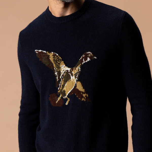 Flying Wood Duck Merino Intarsia Crewneck Sweater - Deep Navy Heather
