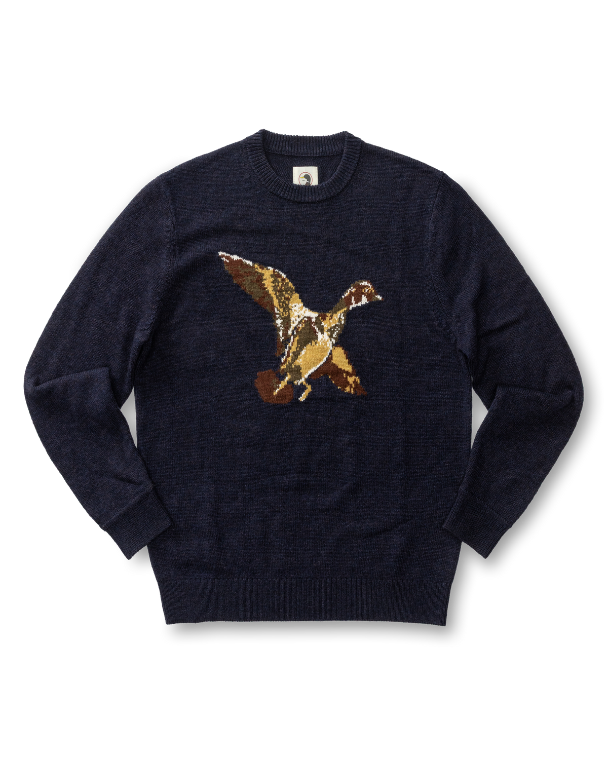 Flying Wood Duck Merino Intarsia Crewneck Sweater - Deep Navy Heather