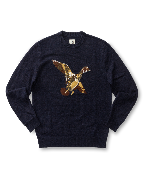 Flying Wood Duck Merino Intarsia Crewneck Sweater - Deep Navy Heather