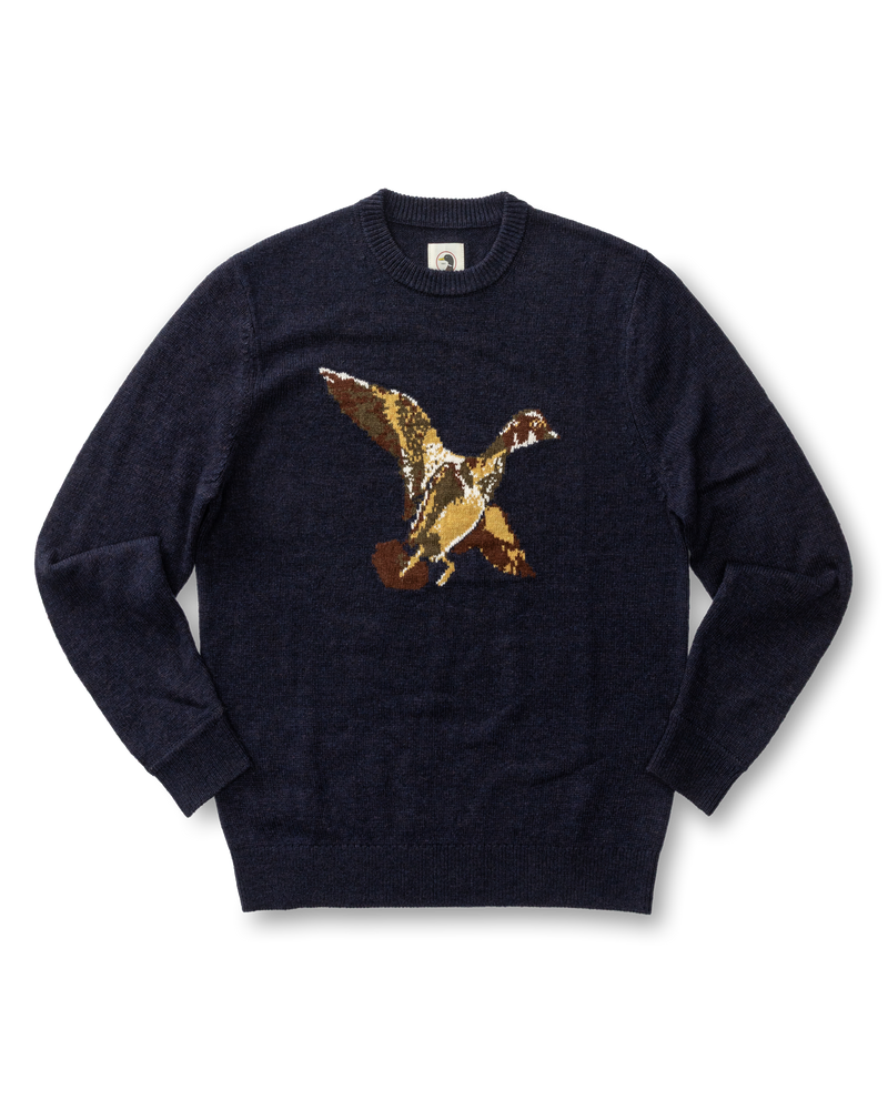 Flying Wood Duck Merino Intarsia Crewneck Sweater - Deep Navy Heather