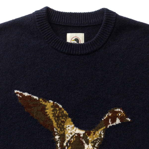 Flying Wood Duck Merino Intarsia Crewneck Sweater - Deep Navy Heather