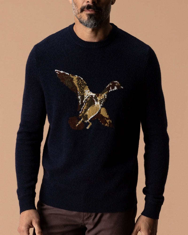 Flying Wood Duck Merino Intarsia Crewneck Sweater - Deep Navy Heather