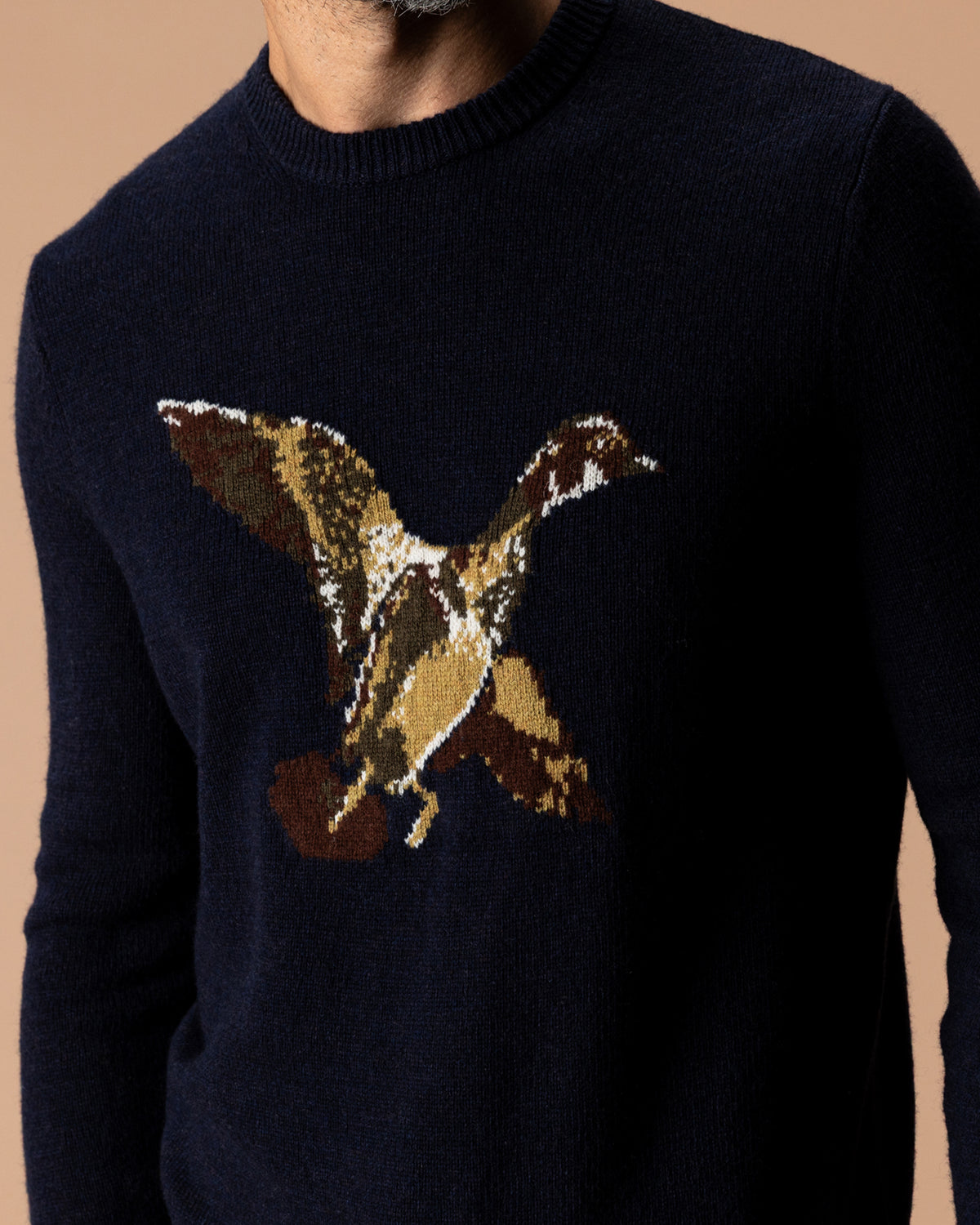 Flying Wood Duck Merino Intarsia Crewneck Sweater - Deep Navy Heather