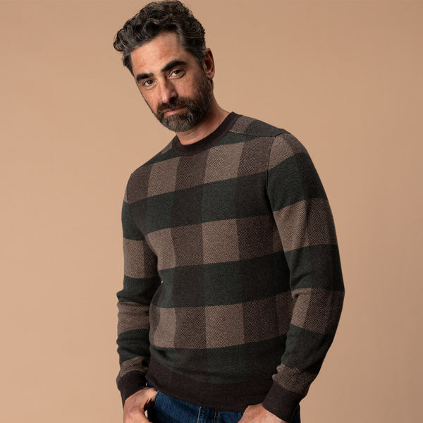 Whitfield Plaid Merino Crewneck Sweater - Chocolate Plum Heather